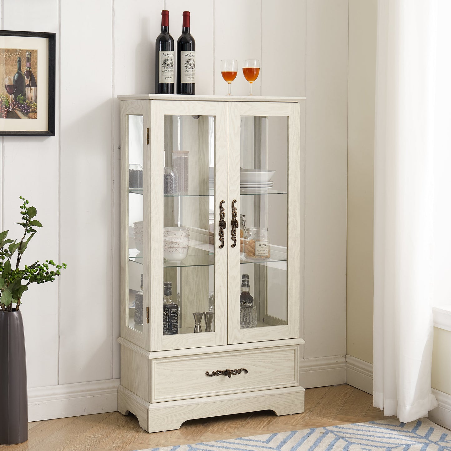 Light colored glass cabinet Curio display cabinet with adjustable glass frame, 2 doors and 1 drawer, including white light bulbs eprolo