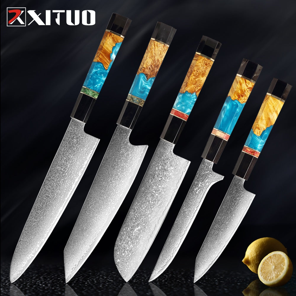 XITUO Damascus Stainless Steel Kitchen Knives Set High Quality Chef Knife Cleaver Paring Knife Stable wood&resin&horn Handle eprolo
