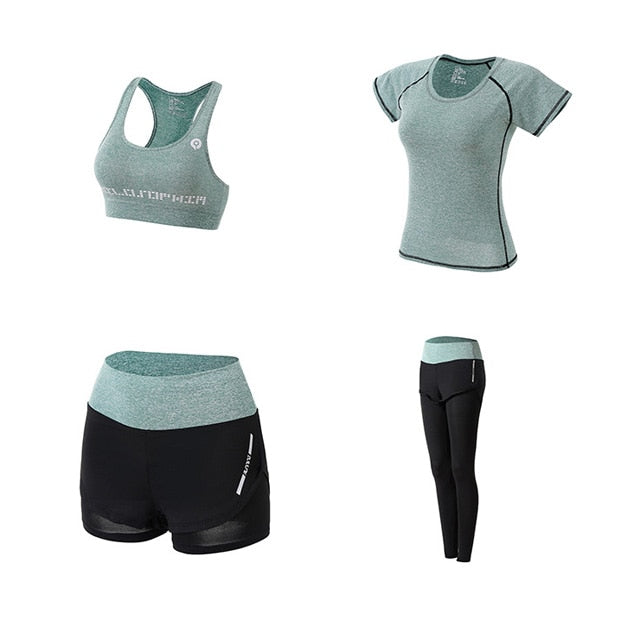 Women Yoga Sport Suit quick Dry Bra Set 5 Piece Female Short-sleeved shorts long pants Outdoor Sportswear Fitness suit eprolo