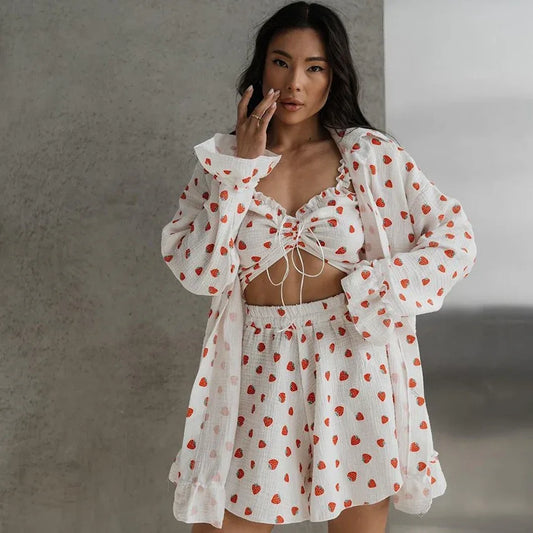 European and American ruffled underwear long-sleeved shorts three-piece set pure cotton pajamas for women - Shello's Creative Boutique