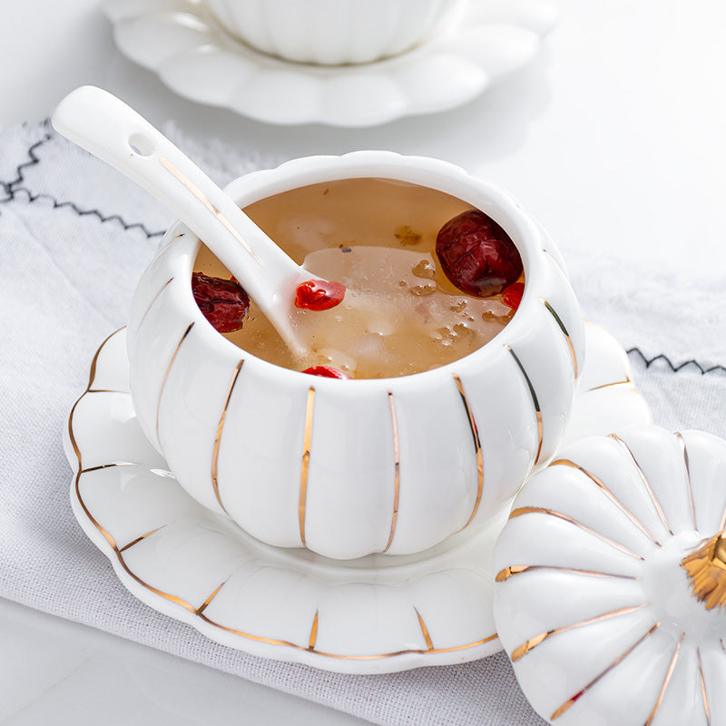 Creative Ceramic Pumpkin Cup, Steamed Egg Cup, Stewed Pot with Cover, Pure White Mini Bird's Nest Cup, Soup Cup eprolo