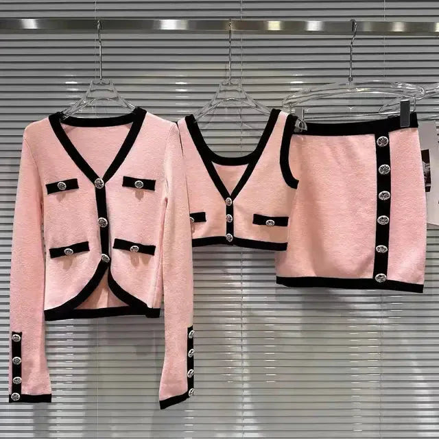 Vintage Knit 3-Piece Set - Cardigan Vest & Mini Skirt Outfit - Shello's Creative Boutique