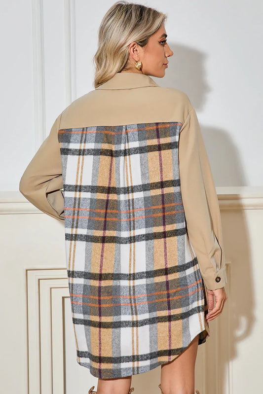 Khaki Plaid Patchwork Jacket - Long Sleeve Casual Coat - Shello's Creative Boutique