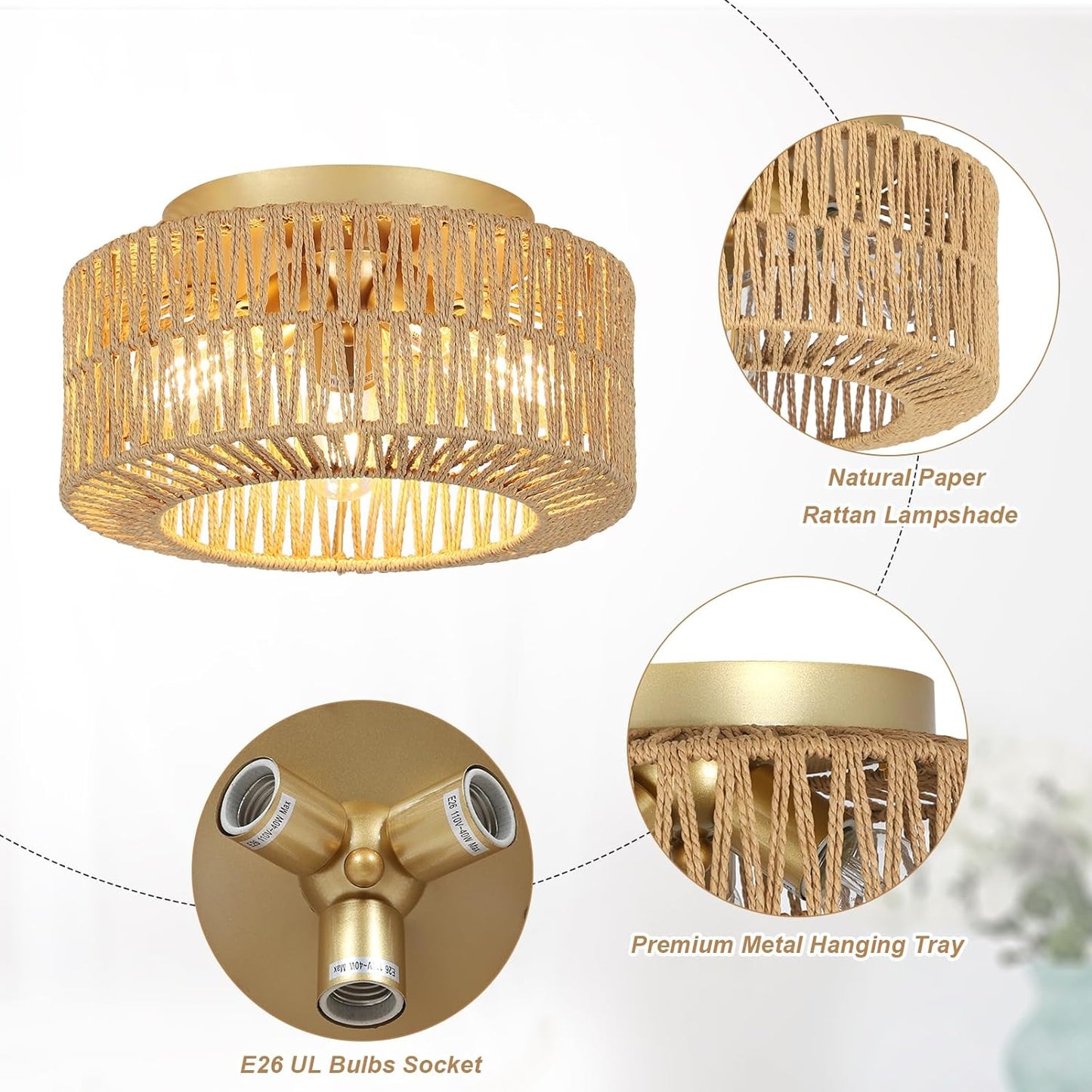 Boho Light Fixtures Ceiling Mount 3-Light Farmhouse Rattan Ceiling Light Fixture Flush Mount Ceiling Light with Hand-Woven Shade eprolo