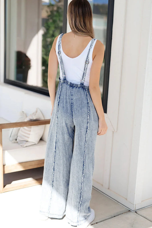 Blue Light Wash Denim Overalls - Frayed Wide Leg Dungarees - Shello's Creative Boutique