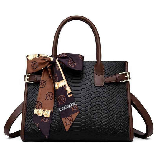 Genuine Leather Women's Briefcase - Commuting Style Bag in Embossed Snakeskin Pattern with Contrasting Color - Shello's Creative Boutique