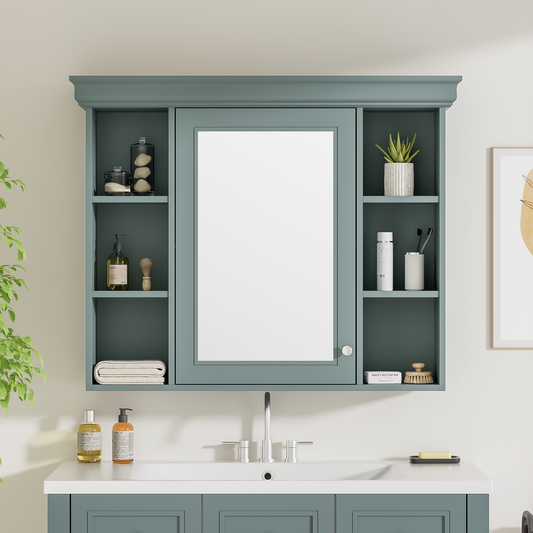 35 ''x 28' 'blue wall mounted bathroom storage cabinet with mirror door and medication cabinet with 6 open shelves eprolo