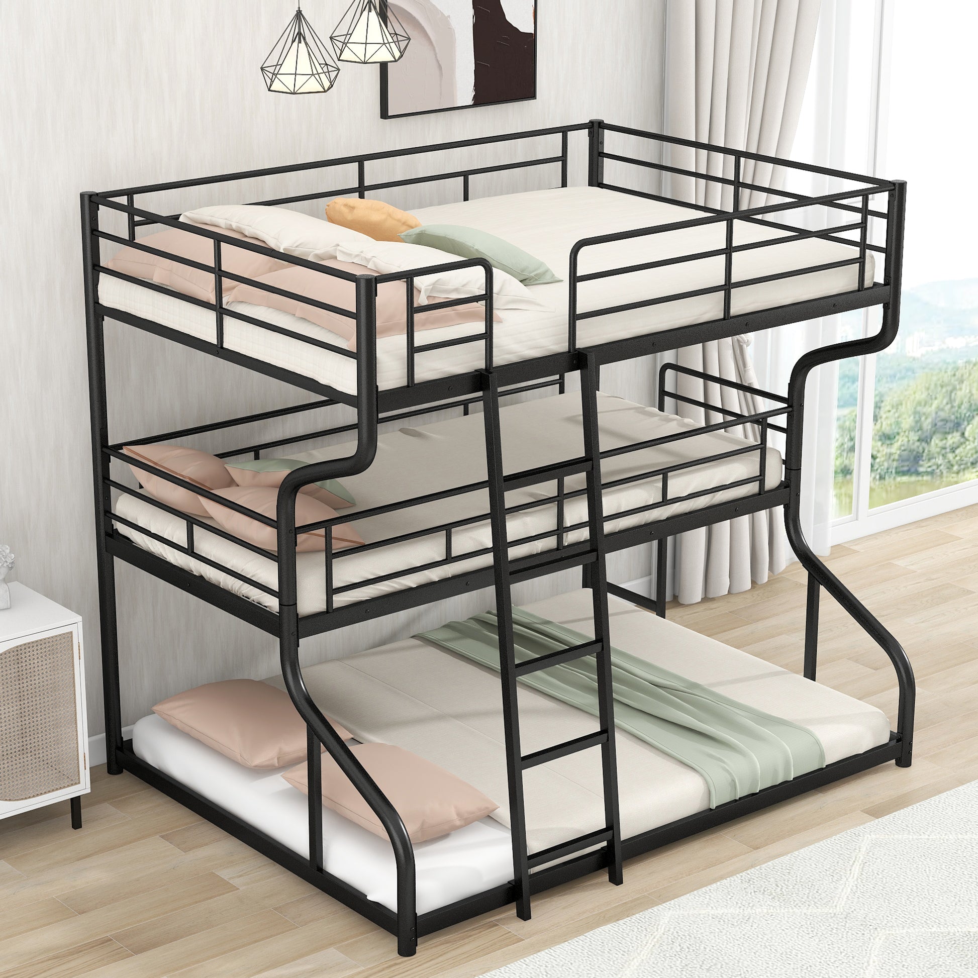 Full XL over Twin XL over Queen Size Triple Bunk Bed with Long and Short Ladder,Black eprolo