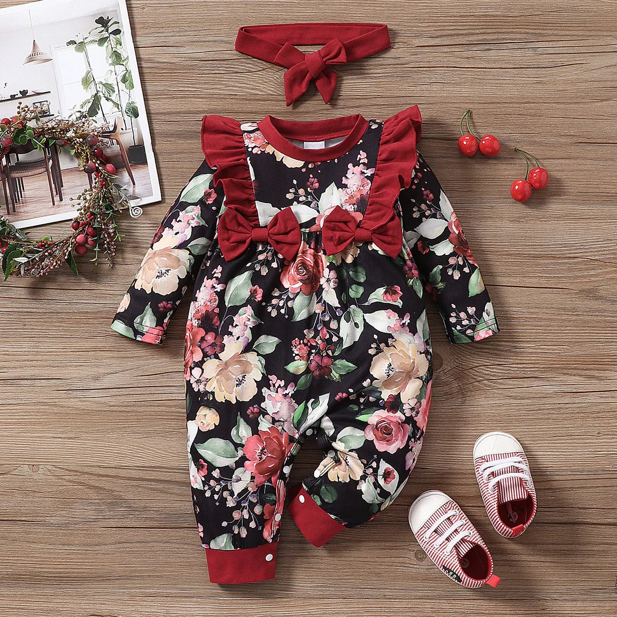 Infant Children's Long-Sleeved Lace Bow Flower One-Piece Romper Girl Baby Autumn And Winter Romper - Shello's Creative Boutique