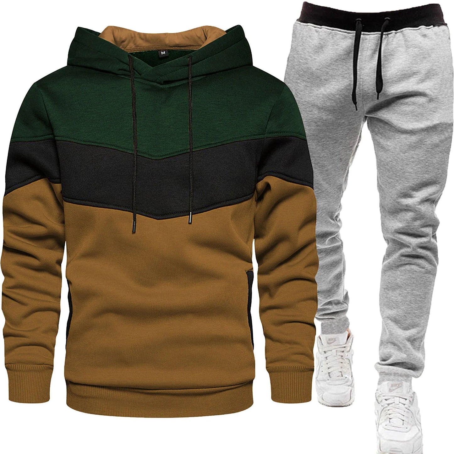 Men's three color hoodie sports suit, fashionable and casual, spring and autumn splicing hooded top, long pants two-piece set - Shello's Creative Boutique