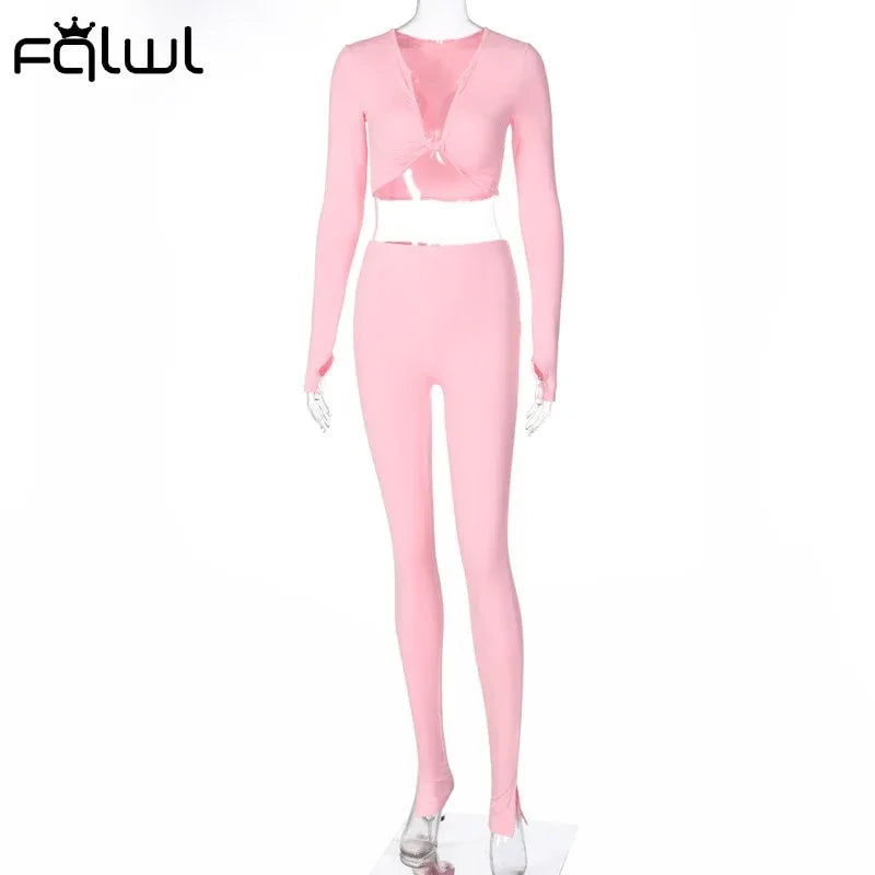 FQLWL Casual Summer Two Piece Set - Pink Long Sleeve Crop Top and Leggings - Shello's Creative Boutique