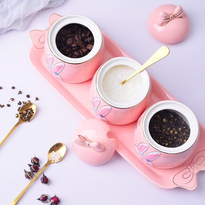 Lovely design cartoon kitchenware 3 pieces ceramic spice jar set for gift eprolo