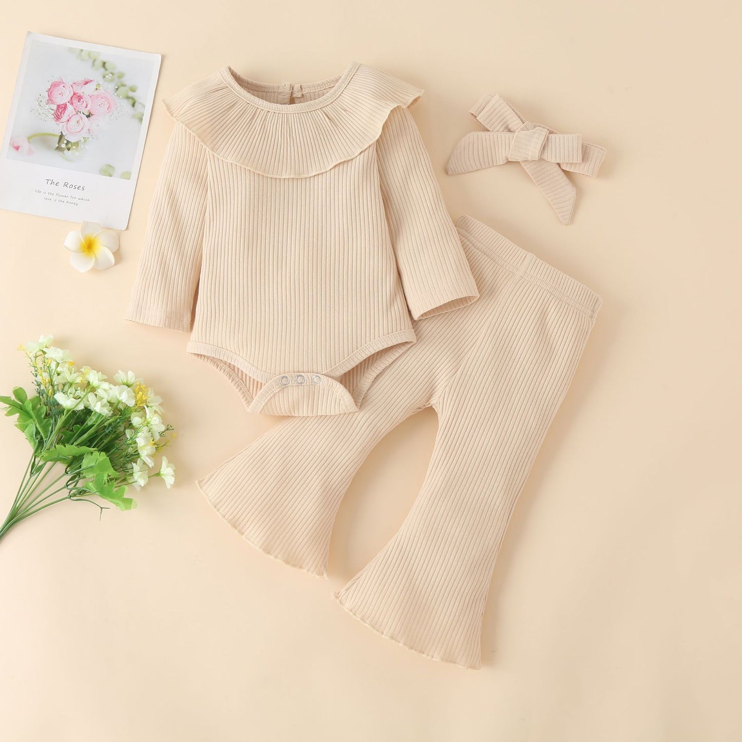 Autumn And Winter Infant Solid Color Pit Strip Cotton Long-Sleeved Ruffled Romper Flared Three-Piece Set eprolo