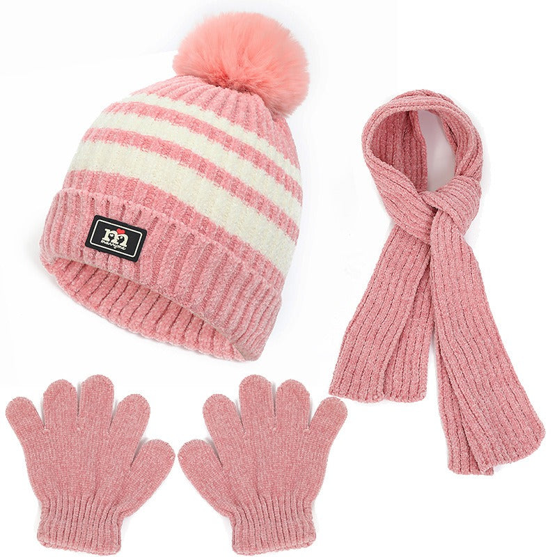 Children's hat, scarf, glove, three piece set, autumn and winter chenille plush insulation and thick knitted hat set eprolo