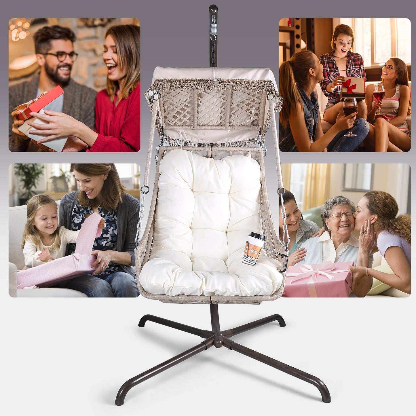 Luxury Swing Egg Chair with Stand - Indoor/Outdoor Hanging Chair with Sunshade