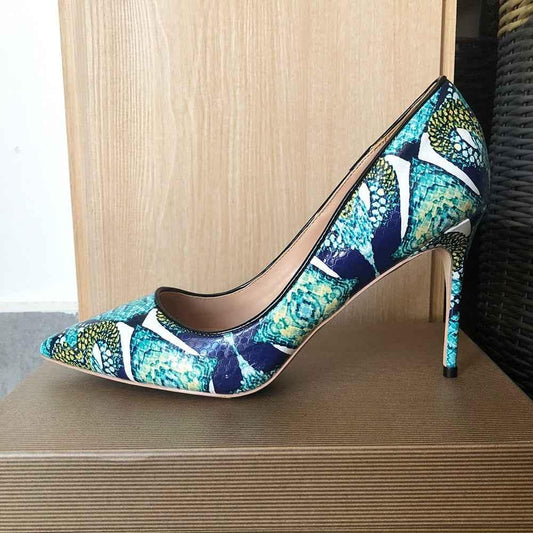 Foral Crocodile Effect Stiletto Heels - Women Pointed Toe Super High Pumps for Night Club Party - Shello's Creative Boutique