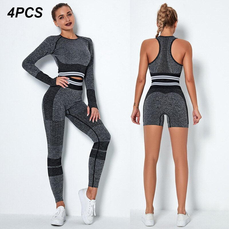 4Pcs Women Vital Seamless Yoga Set Sports Bra+Crop Top Shirts+Shorts+High Waist Leggings Gym Clothing Sports Wear For Women Shello Creative Boutique