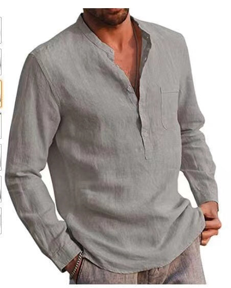 Men Four Seasons Leisure Long Sleeve Woven Flax Shirt Shello Creative Boutique