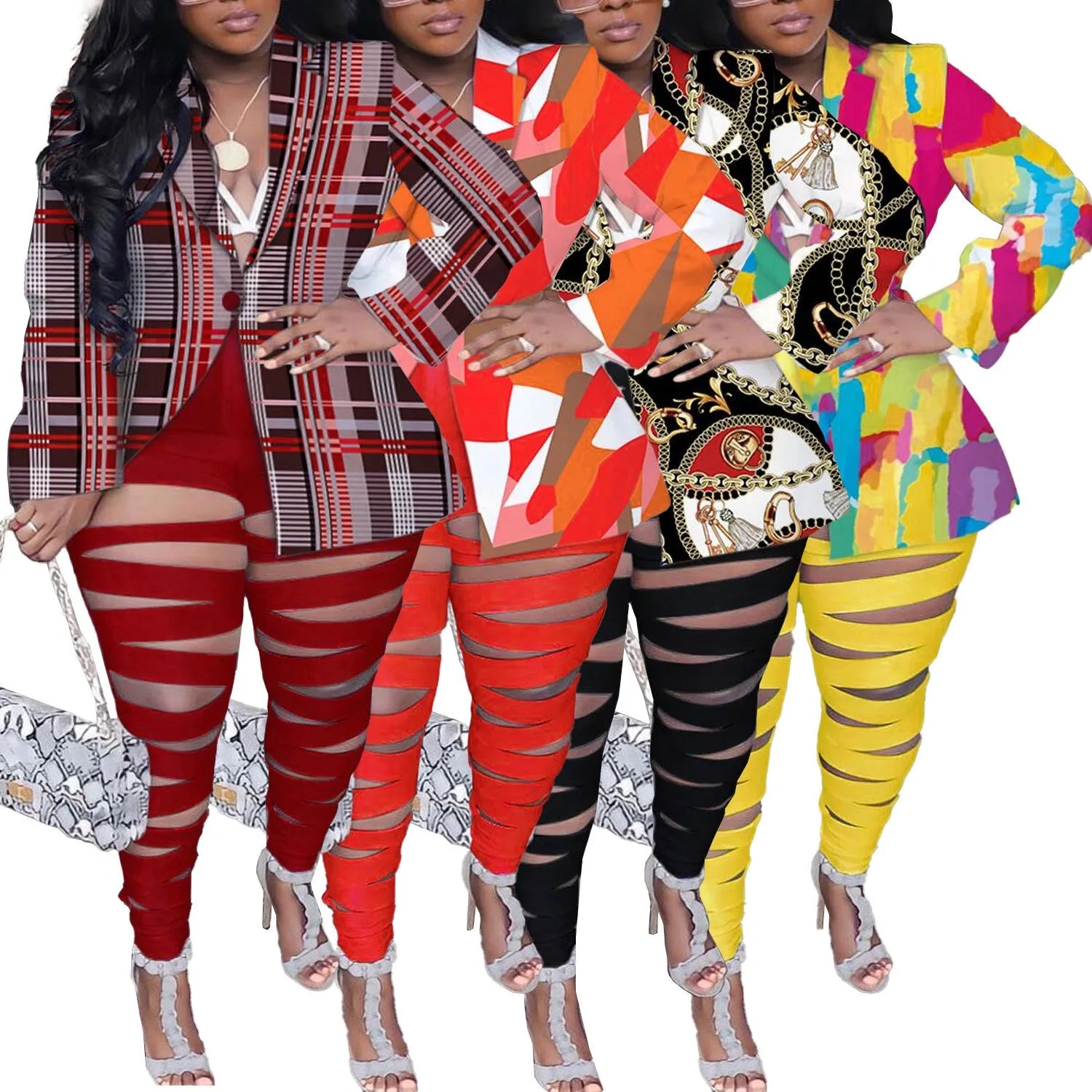 2XL-5XL 2024 African Sexy Club Outfits Plus Size Women Clothing Two Piece Sets Long Sleeve Print Coat and Hole Long Pant Suits eprolo