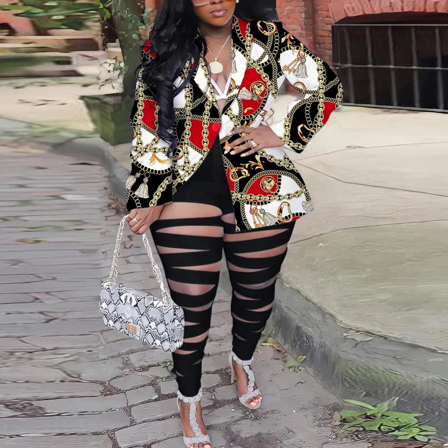 2XL-5XL 2024 African Sexy Club Outfits Plus Size Women Clothing Two Piece Sets Long Sleeve Print Coat and Hole Long Pant Suits eprolo