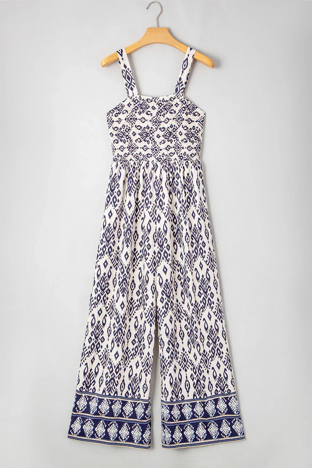 Blue Boho Geometric Print Jumpsuit - Smocked High Waist Wide Leg - Shello's Creative Boutique
