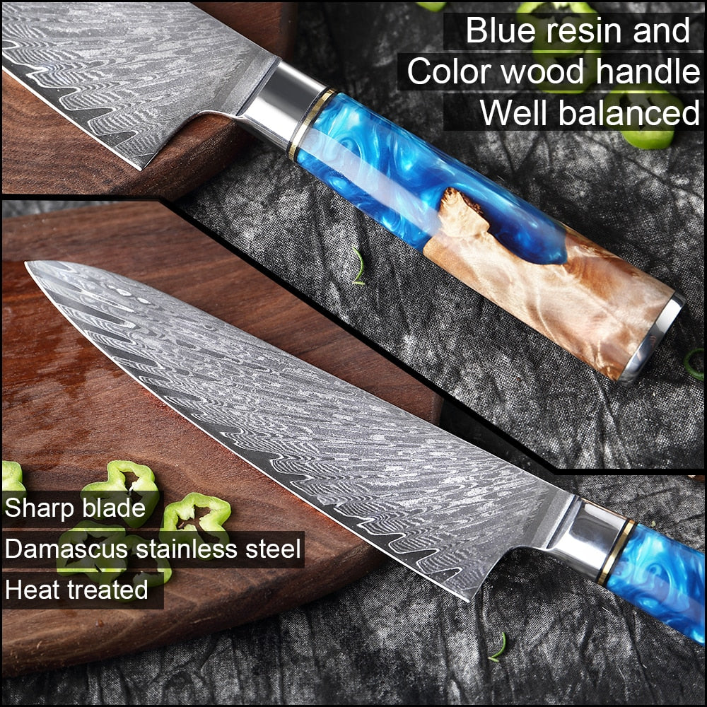 XITUO Kitchen Knives-Set Damascus Steel VG10 Chef Knife Cleaver Paring Bread Knife Blue Resin and Color Wood Handle Cooking Tool eprolo