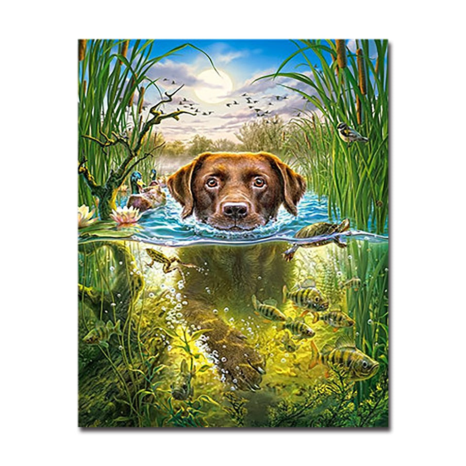 Oil Painting By Numbers DIY Hand Painted Swimming Dog Canvas Wall Art Coloring Animals Fish Pictures Drawing Home Decor Gifts