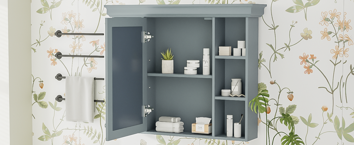35 ''x 28' 'blue wall mounted bathroom storage cabinet with mirror door and medication cabinet with 6 open shelves eprolo