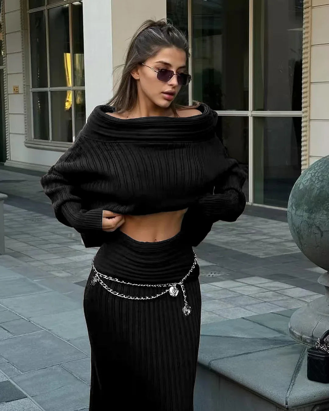 Winter Knitted Two Piece Set- Elegant Off Shoulder Sweater Skirt Suit - Shello's Creative Boutique