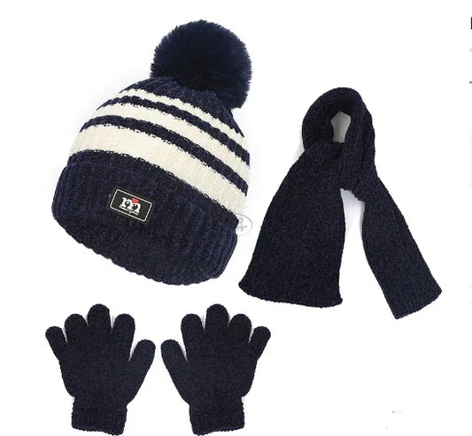 Children's hat, scarf, glove, three piece set, autumn and winter chenille plush insulation and thick knitted hat set - Shello's Creative Boutique