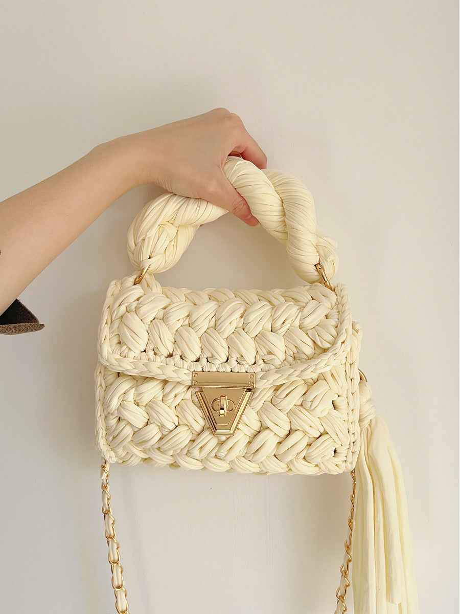 Women Crochet Shoulder Bag - Hand Woven Crochet Tassel Bag with Fried Dough Twists