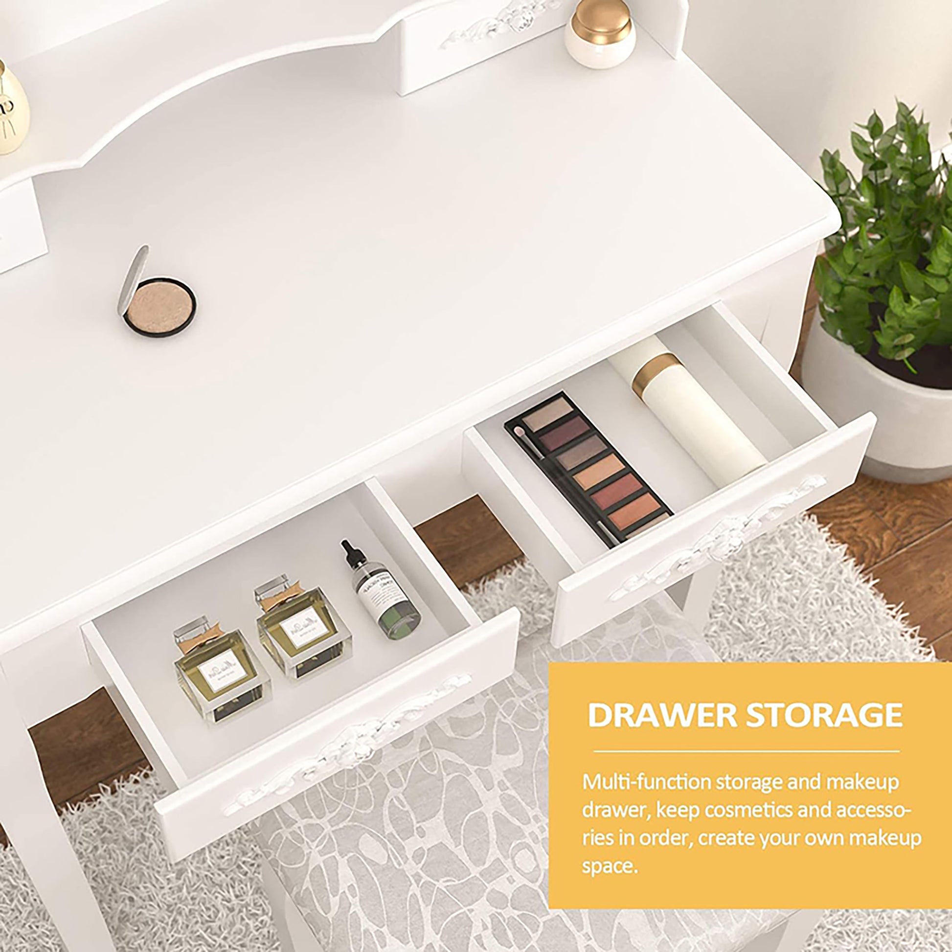 Vanity Table Set with 4 Drawer, Makeup Dressing Table w/Cushioned Stool, Girls Women Bedroom Furniture Set Oval Mirror eprolo