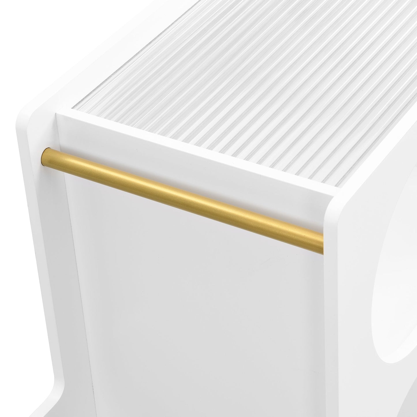 Stylish mobile desk with lockable wheels, white bedside table with 5mm thick grooved tempered glass and gold round bars eprolo