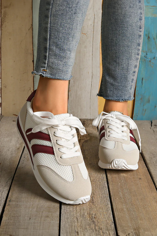 White Patchwork Breathable Lace-Up Sneakers – Style Meets Comfort in Every Step - Shello's Creative Boutique