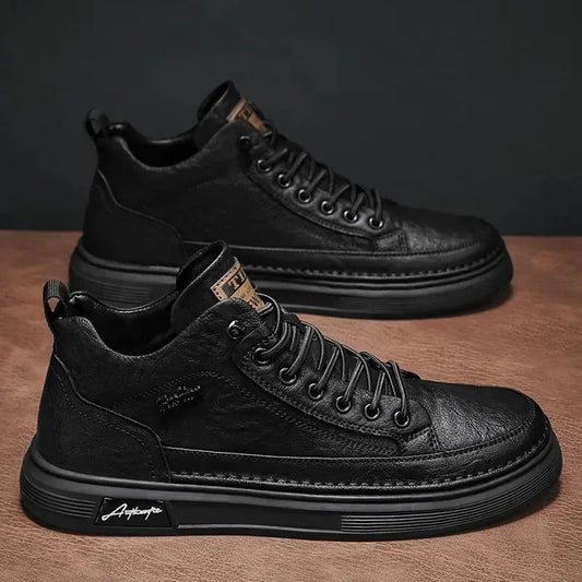 Breathable and waterproof Korean style shoes for men, trendy and versatile black leather shoes, sports and casual board shoes - Shello's Creative Boutique