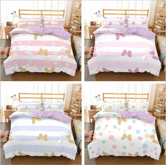 3D digital printing three piece princess bed stripe butterfly quilt cover pillow case eprolo
