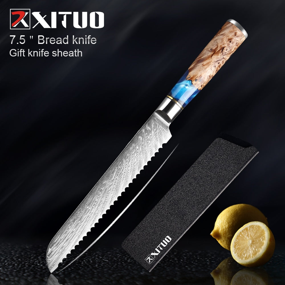 XITUO Kitchen Knives-Set Damascus Steel VG10 Chef Knife Cleaver Paring Bread Knife Blue Resin and Color Wood Handle Cooking Tool eprolo