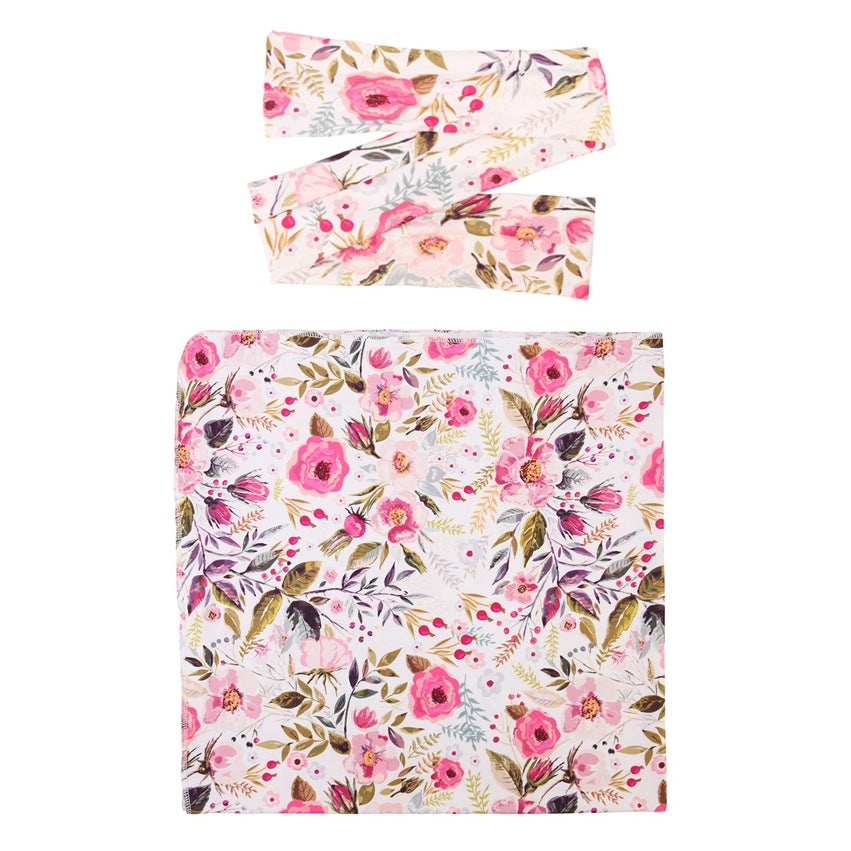 Newborn Photography Wrap Bow Hair Band Wrap Towel Set Baby Flower Blanket 2 Piece Set eprolo
