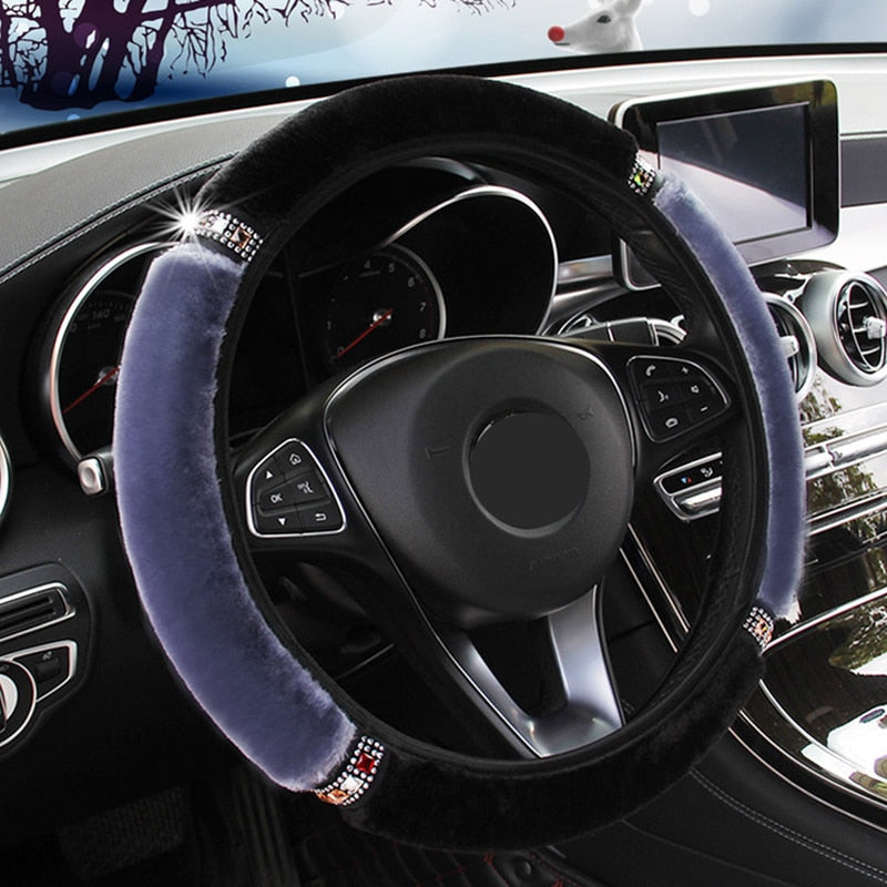 Glamorous Rhinestone Steering Wheel Cover - Soft Plush 37-38cm Universal Fit