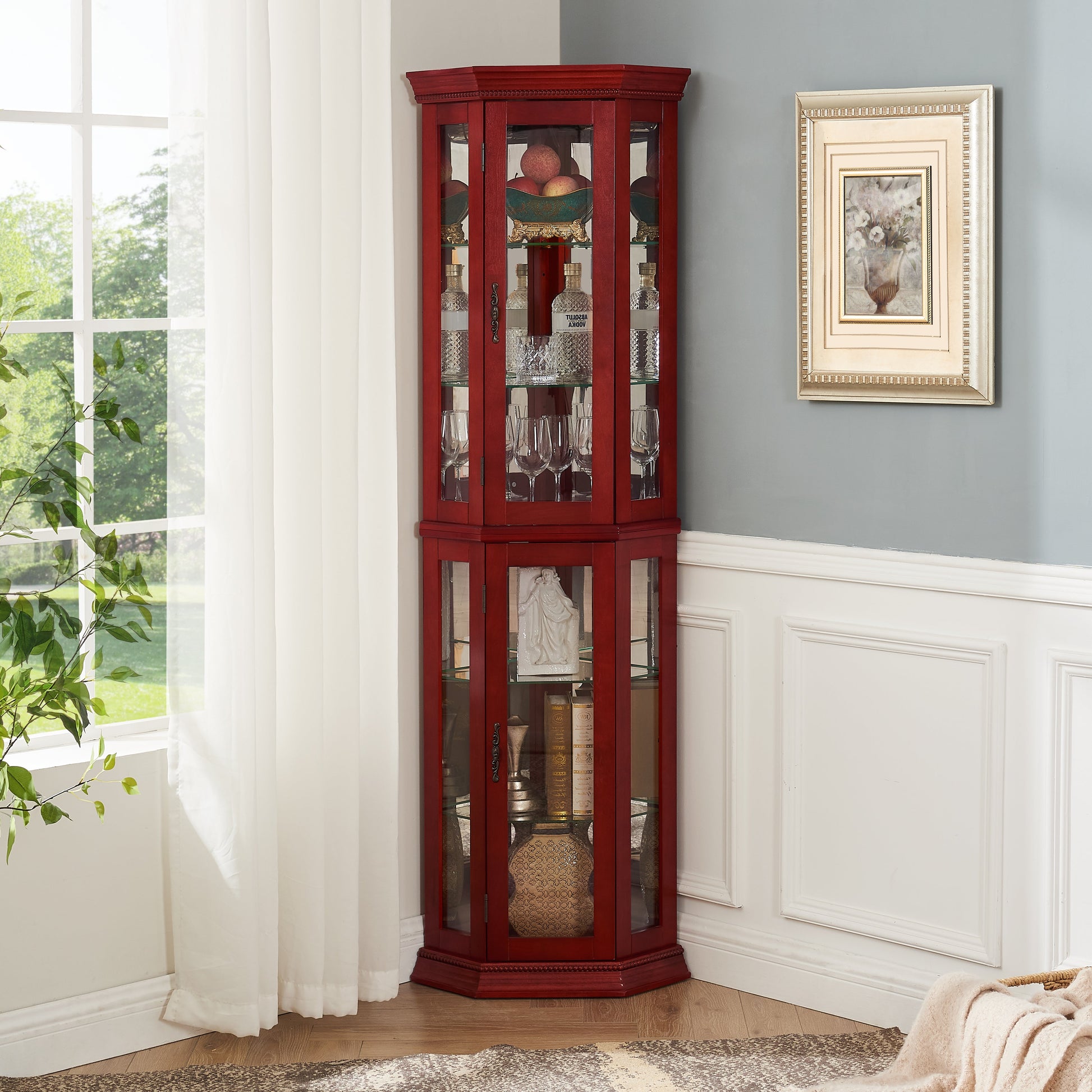 Corner Curio cabinet with illuminated glass display stand and tempered glass door, with adjustable bracket and light bulb eprolo