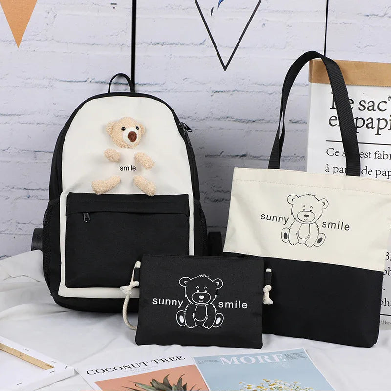 College style backpack bear backpack Girls high school student schoolbag three piece set - Shello's Creative Boutique