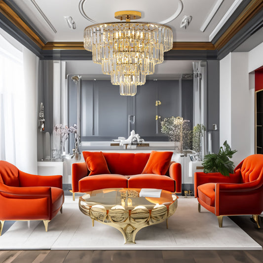 Gold Crystal Chandeliers,5-Tier Round Semi Flush Mount Chandelier Light Fixture,Large Contemporary Luxury Ceiling Lighting eprolo