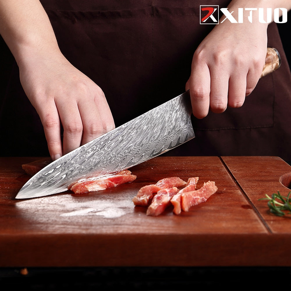 XITUO Kitchen Knives-Set Damascus Steel VG10 Chef Knife Cleaver Paring Bread Knife Blue Resin and Color Wood Handle Cooking Tool eprolo