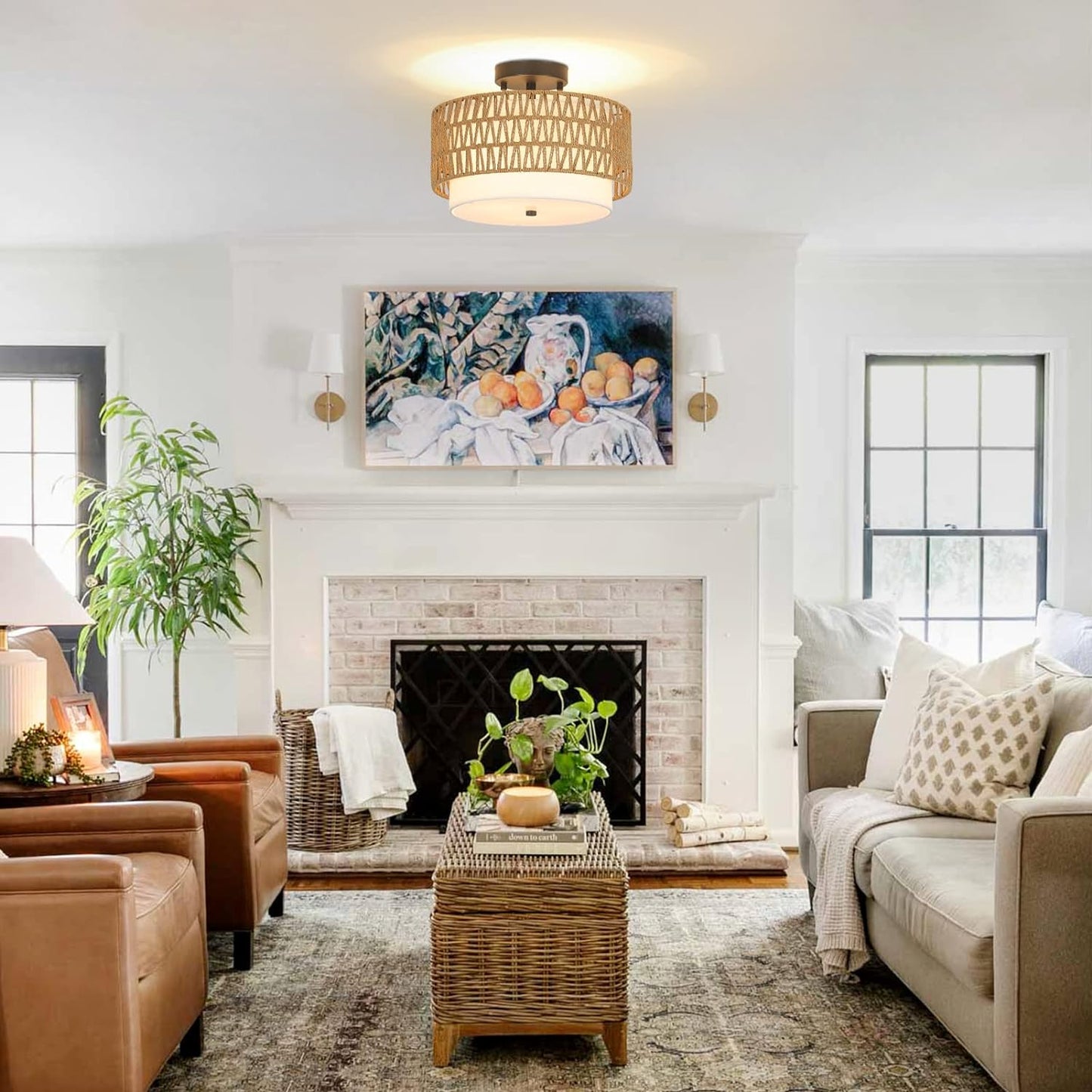 3-Light Semi Flush Mount Ceiling Light Fixture, Boho Rattan Light Fixtures Ceiling, Farmhouse Drum Light with Fabric Shade eprolo