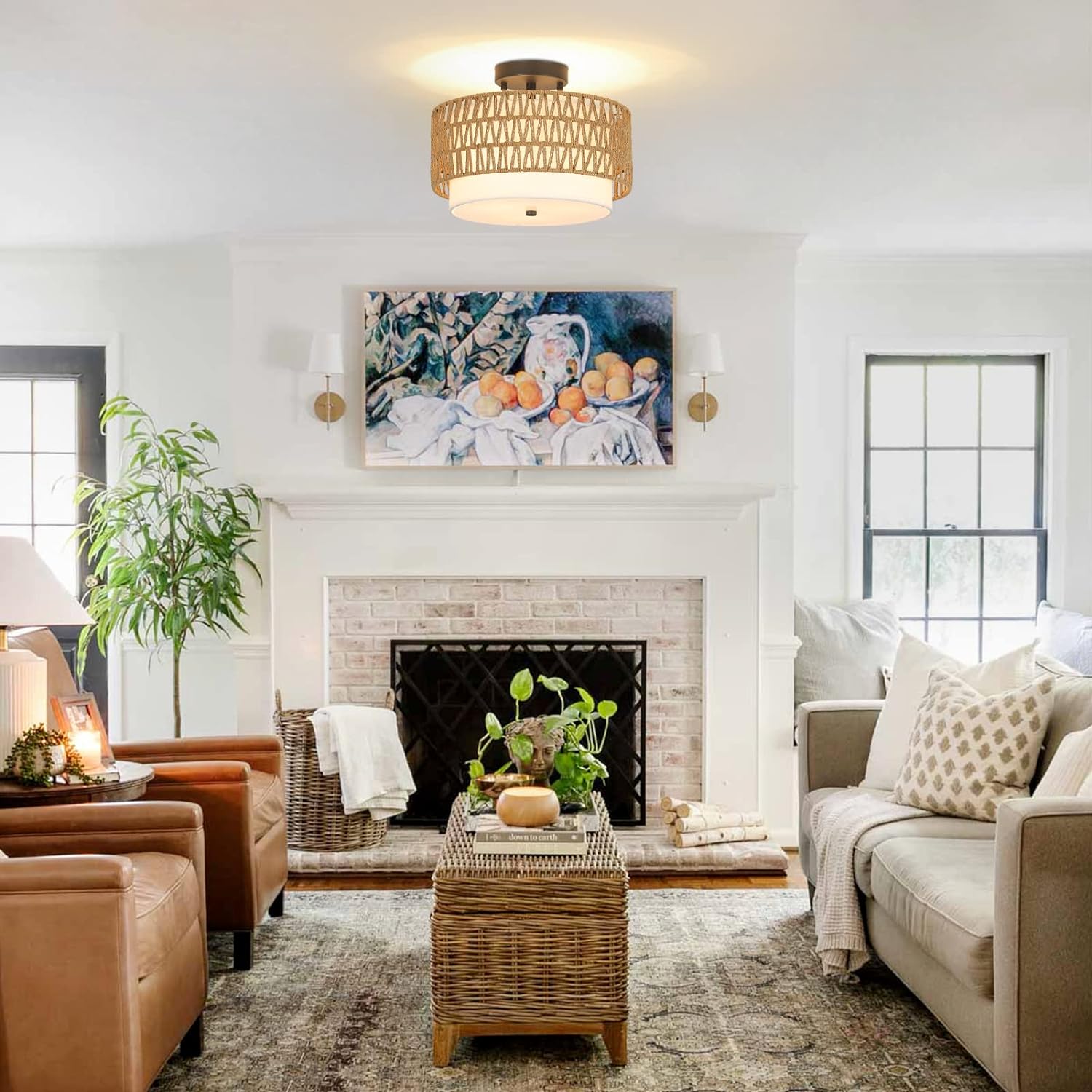 3-Light Semi Flush Mount Ceiling Light Fixture, Boho Rattan Light Fixtures Ceiling, Farmhouse Drum Light with Fabric Shade eprolo