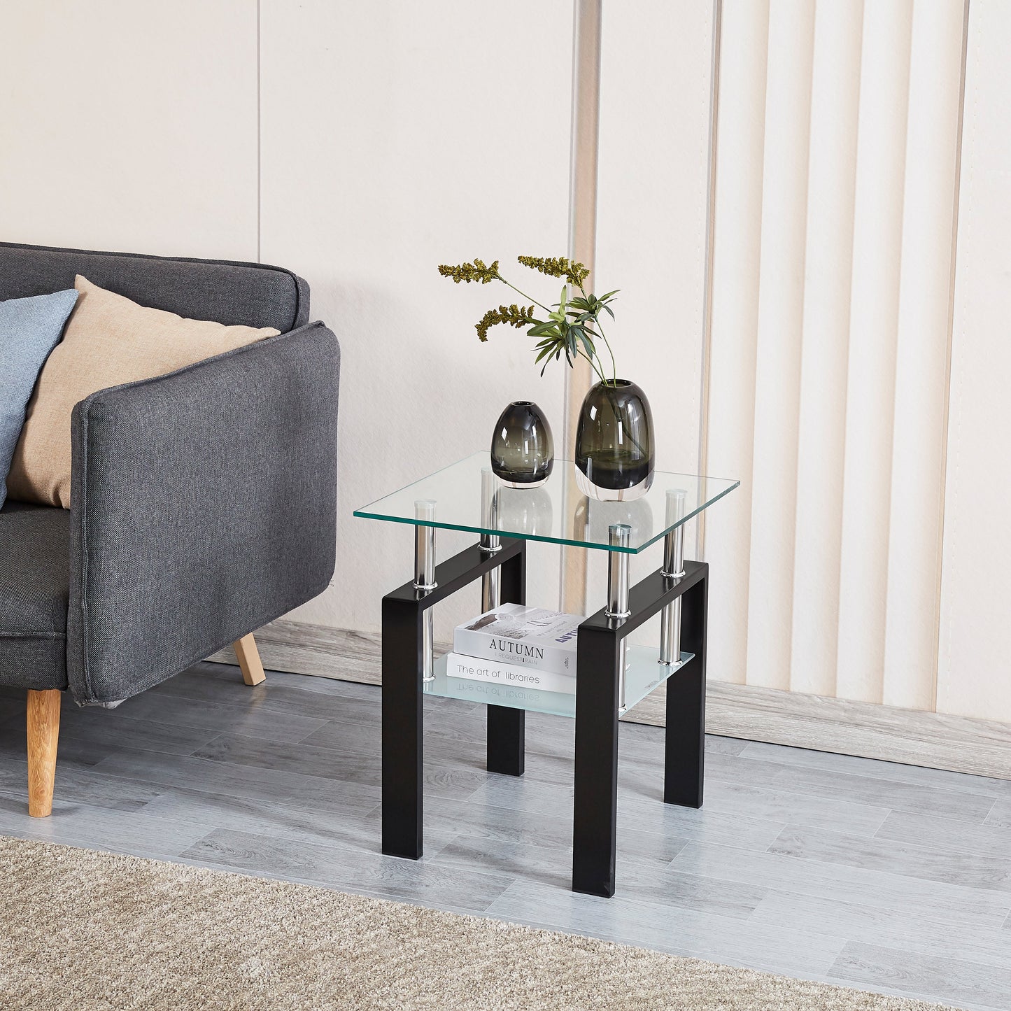 Tempered Transparent Glass End Table 2-Layers Small Table with Storage Living Room Side Table eprolo