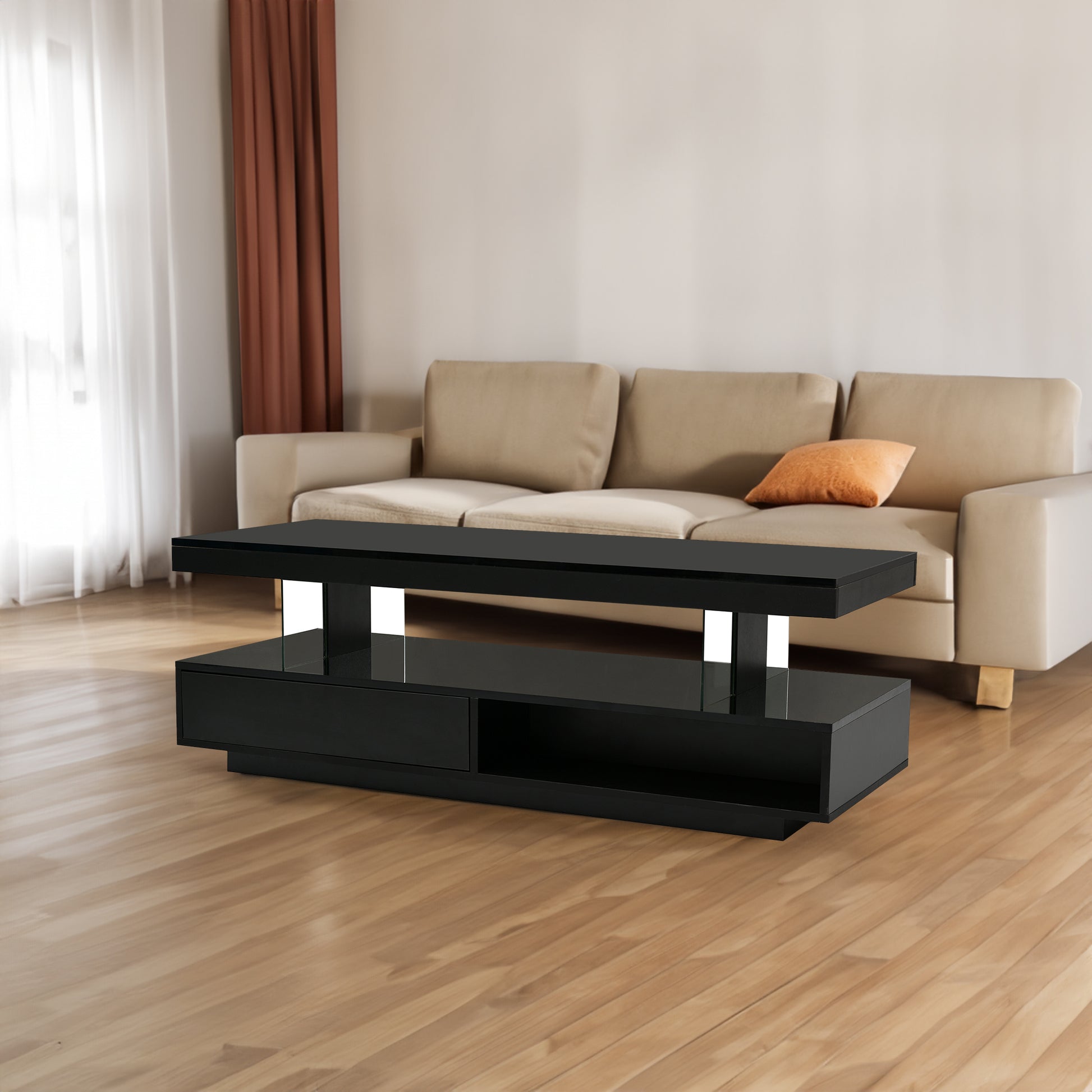 U-Can LED coffee table with storage space, modern central table with 2 drawers and display rack, equipped with LED lights, black eprolo