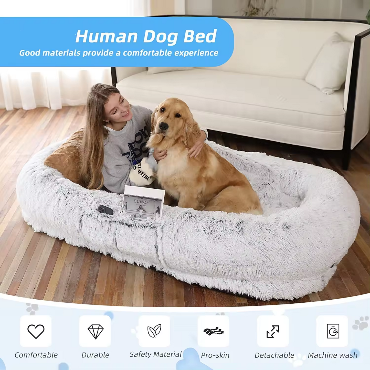 Human dog bed, size 71 inches x 40 inches x 12 inches, washable faux fur dog bed - gray