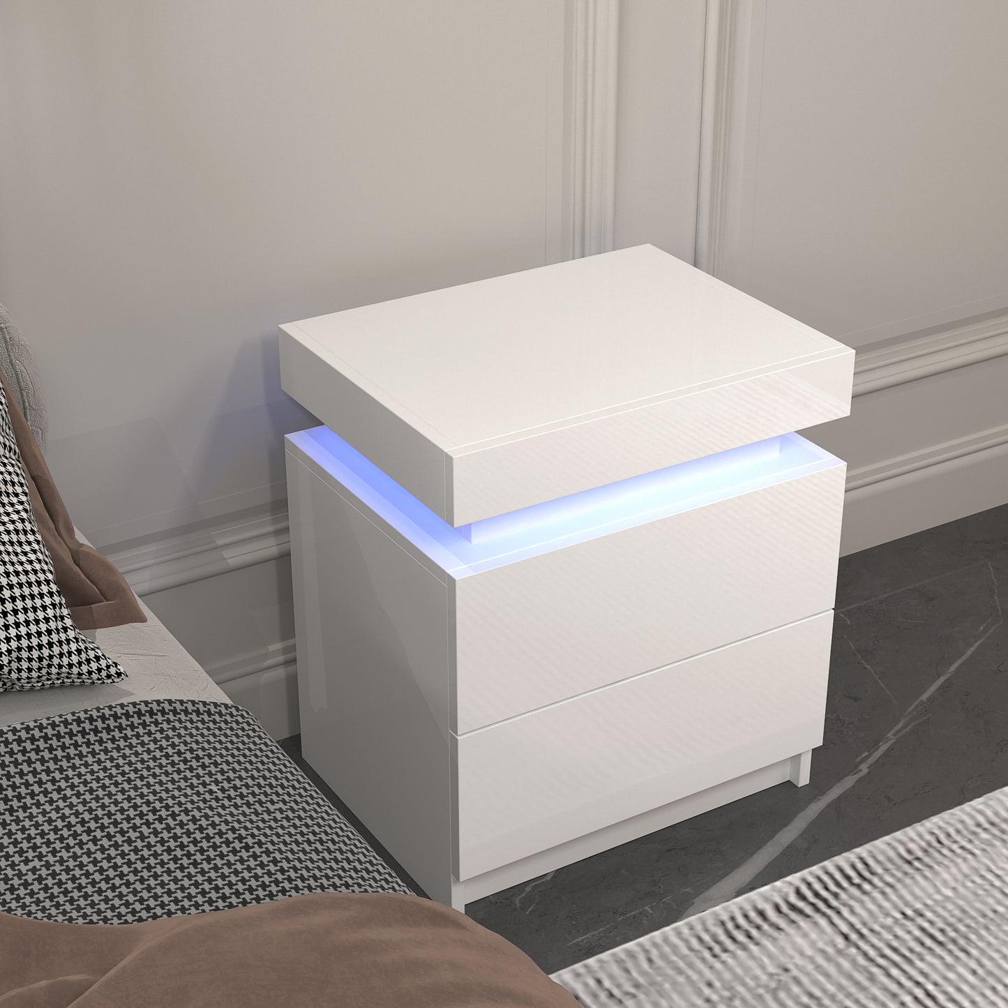 Modern white Nightstand With 2 Storage Drawers,Led Lights, End Table For Bedroom Furniture eprolo