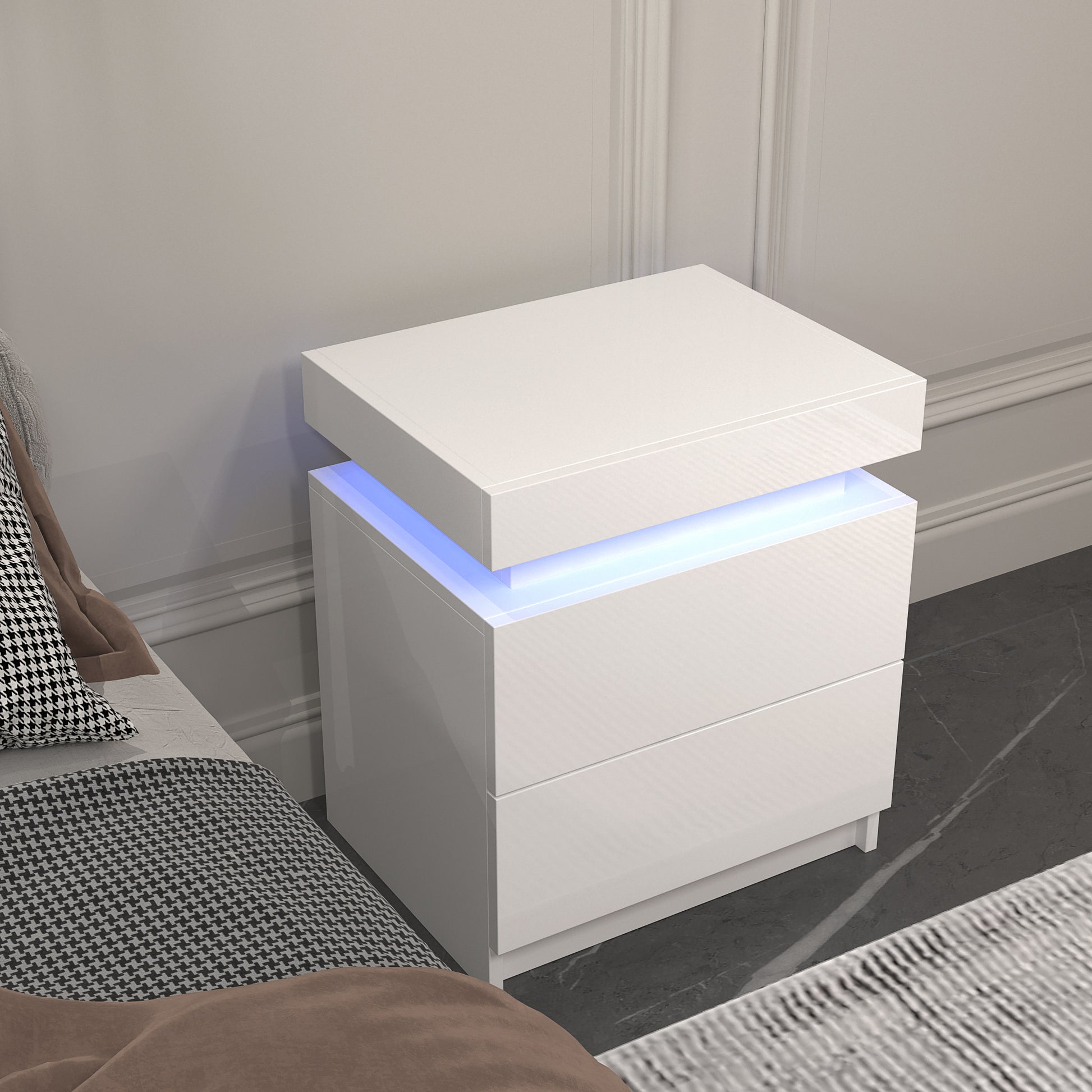 Modern white Nightstand With 2 Storage Drawers,Led Lights, End Table For Bedroom Furniture eprolo